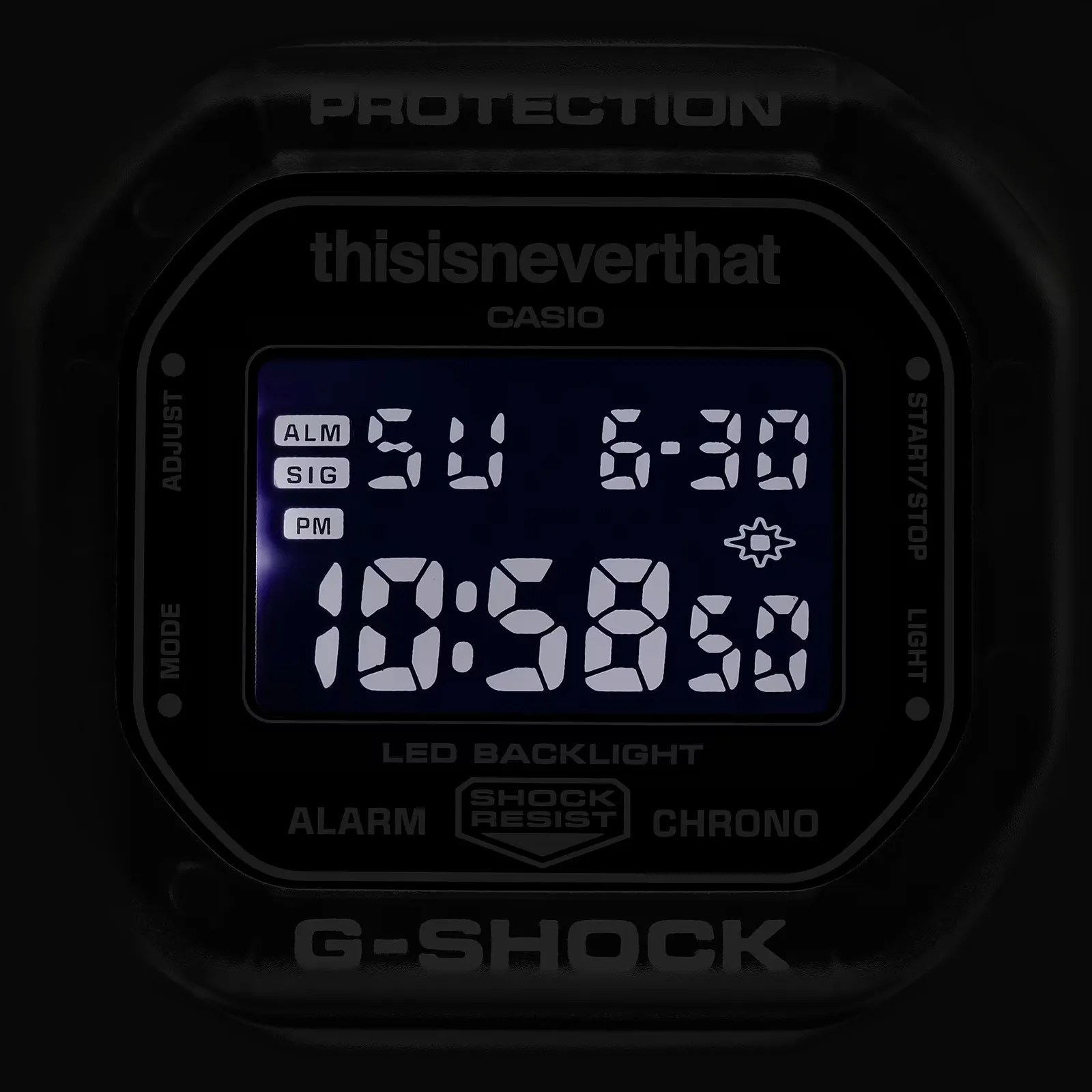 Digital Casio G-Shock watch face with LED backlight showing time 10:58:50 and date Su 6-30.