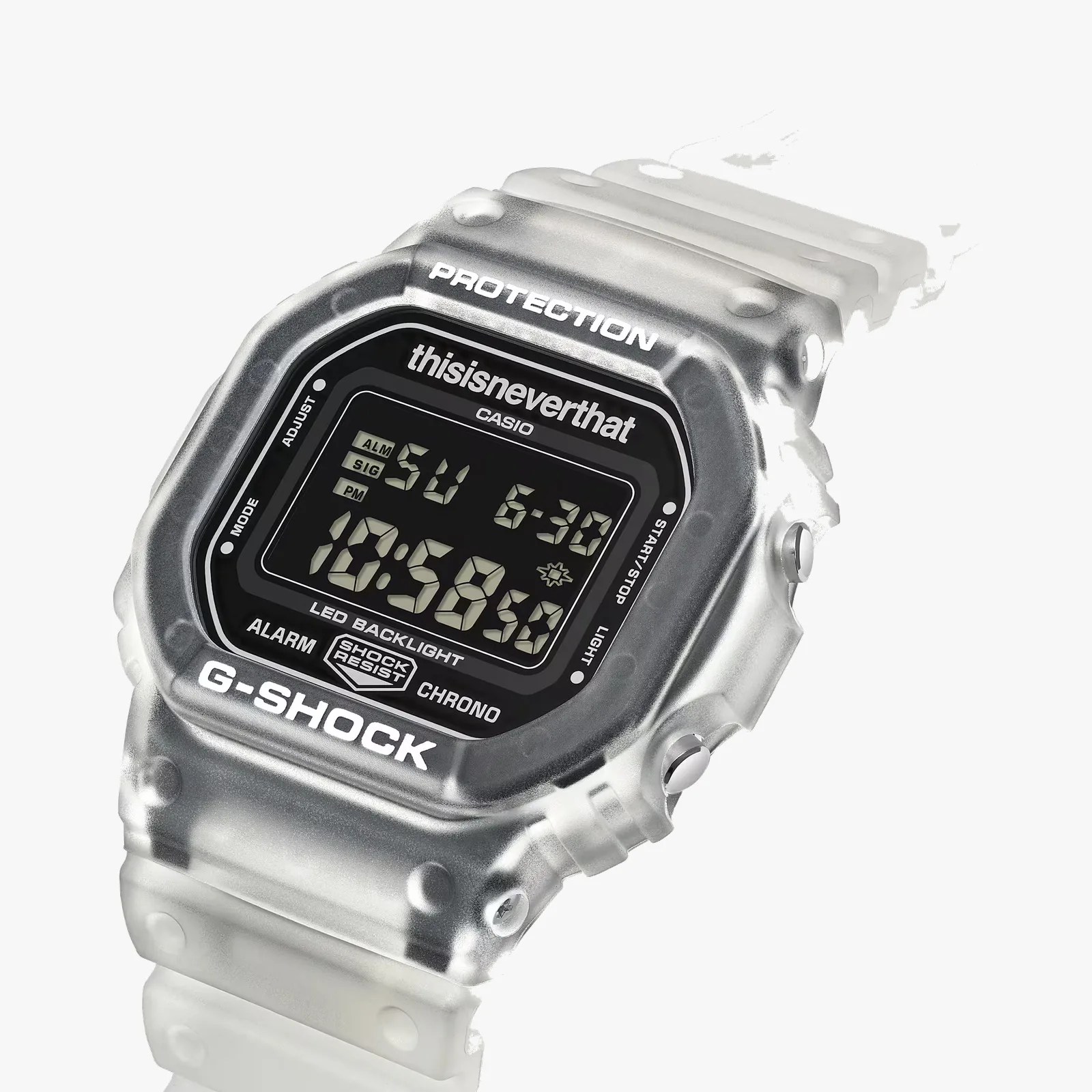 Transparent Casio G-Shock digital watch with "thisisneverthat" branding on the face and a frosted strap.