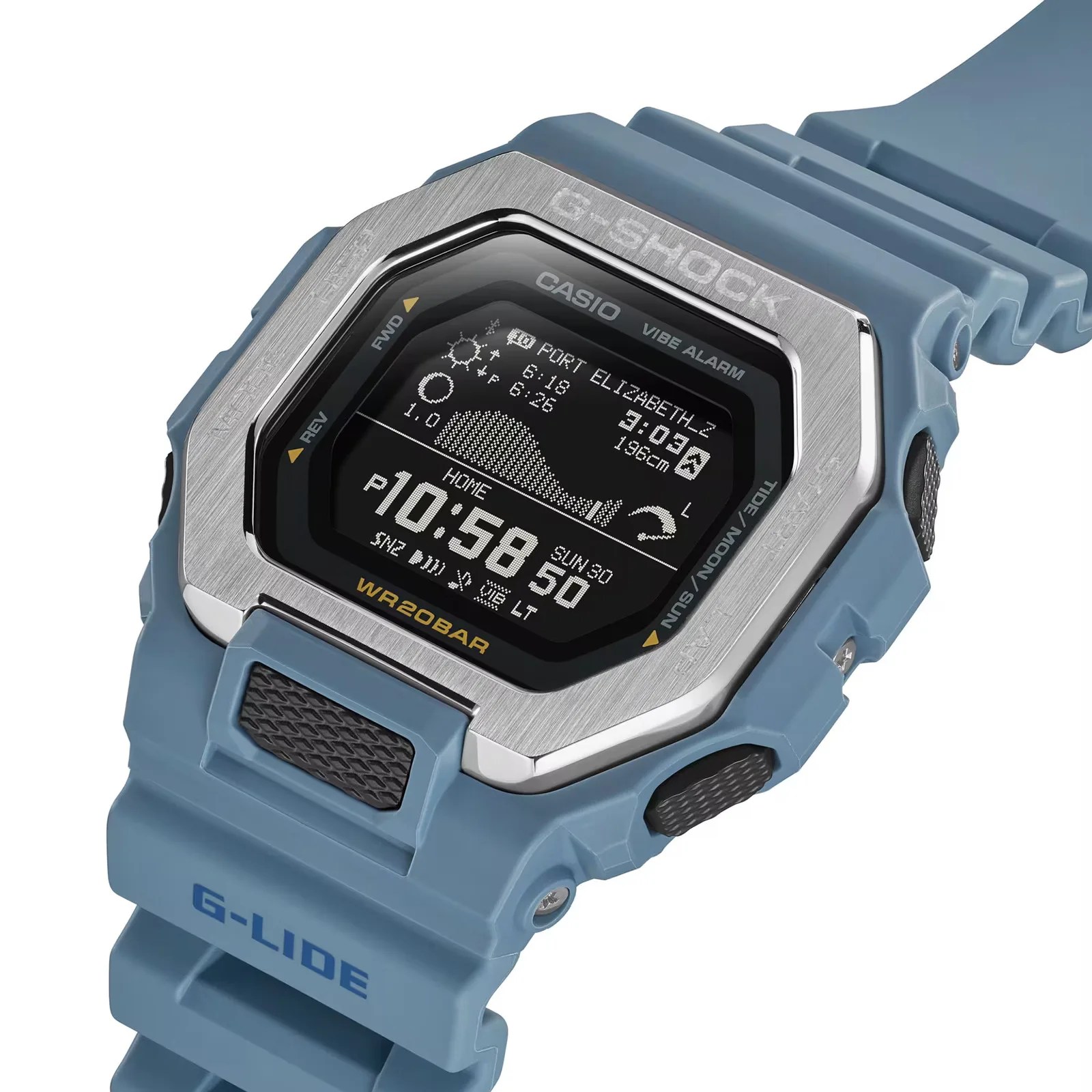 Blue Casio G-Shock G-Lide digital watch with a silver bezel and tide/moon graph display.