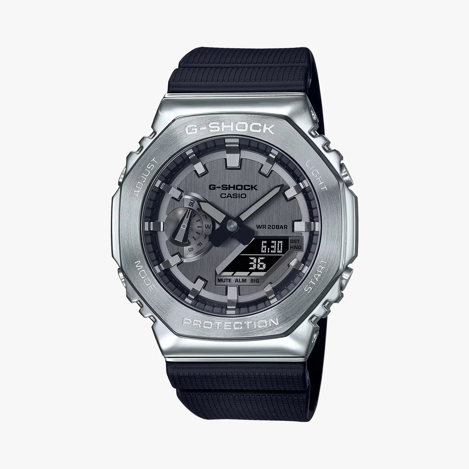 Silver G-Shock Casio watch with black textured resin band and analog-digital display.