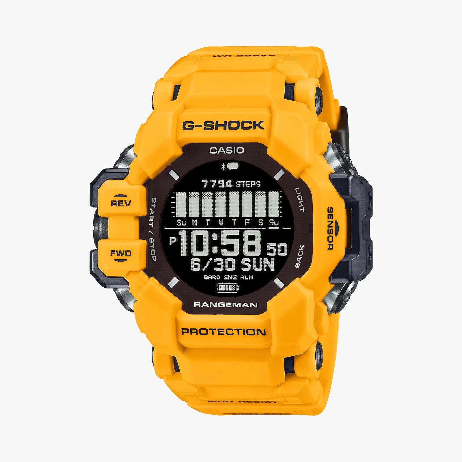 Yellow Casio G-Shock Rangeman digital watch with black buttons and step counter display.