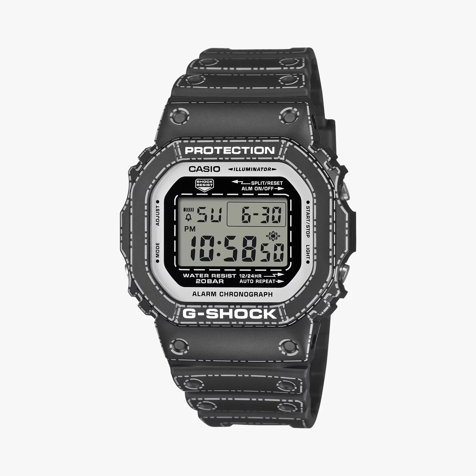 Black Casio G-Shock digital watch with white stitched pattern design on band and bezel, displaying time and date.