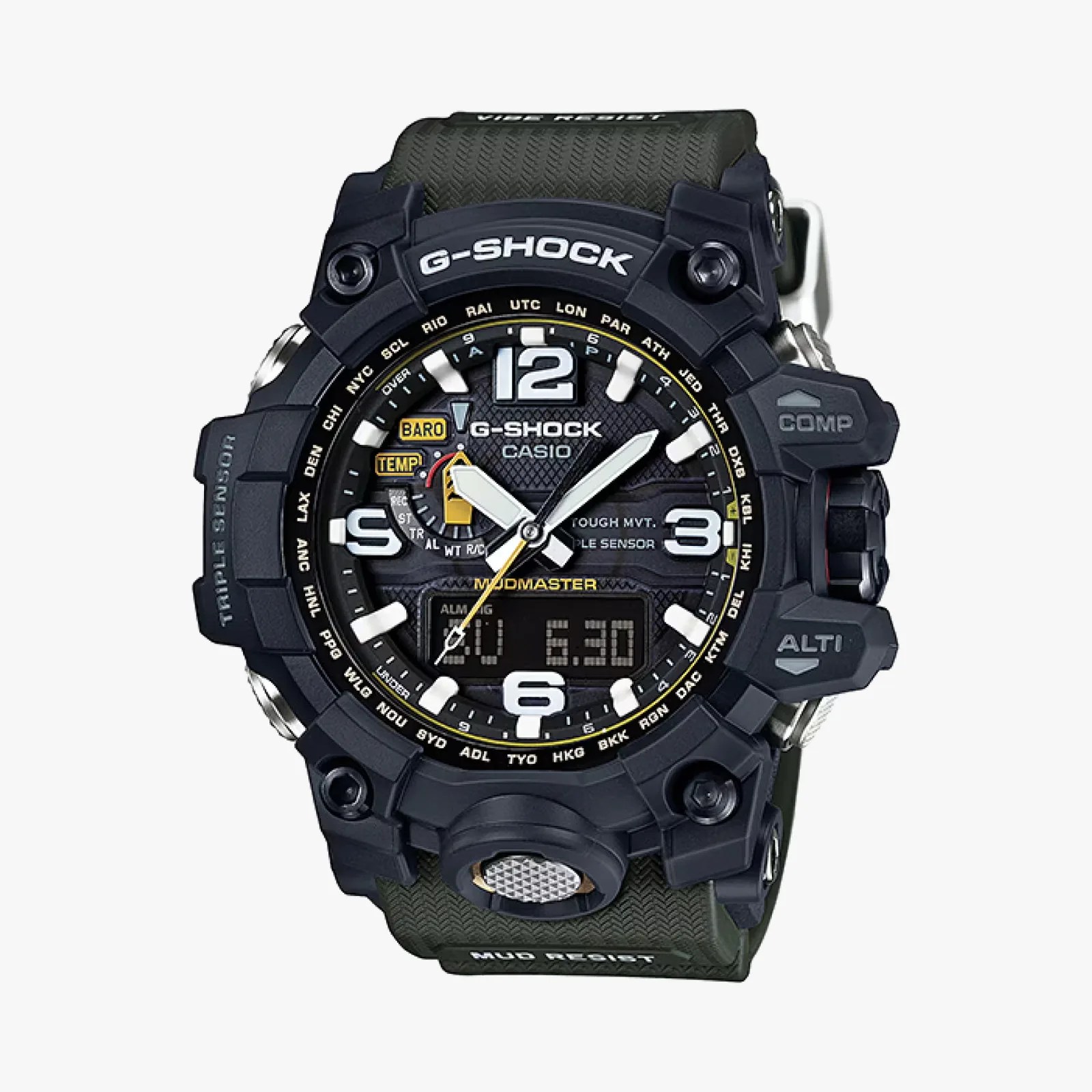Black Casio G-Shock Mudmaster watch with white numerals, digital display, and green textured strap.