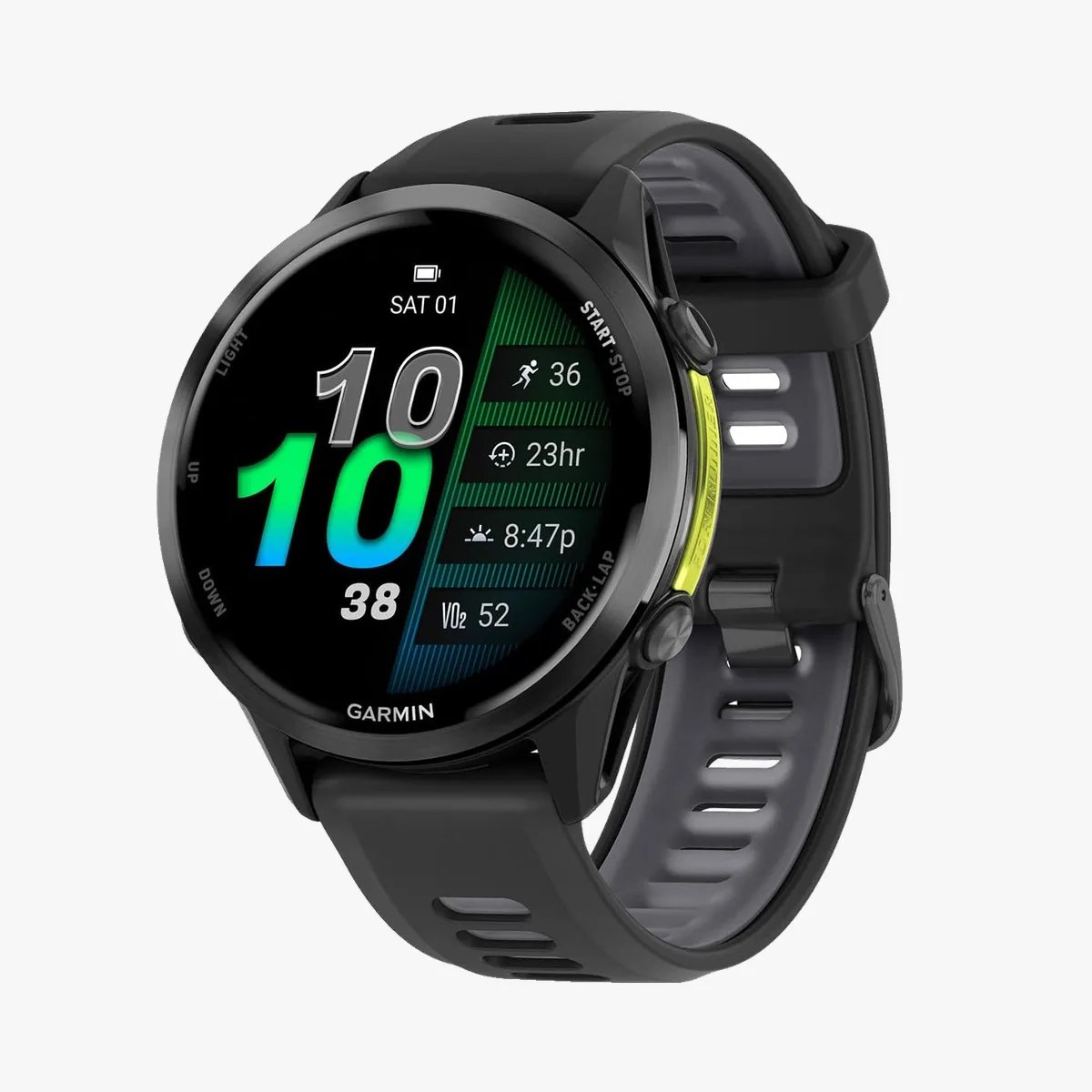 Black Garmin smartwatch with round face, colorful digital display, and black silicone strap with ventilation holes.