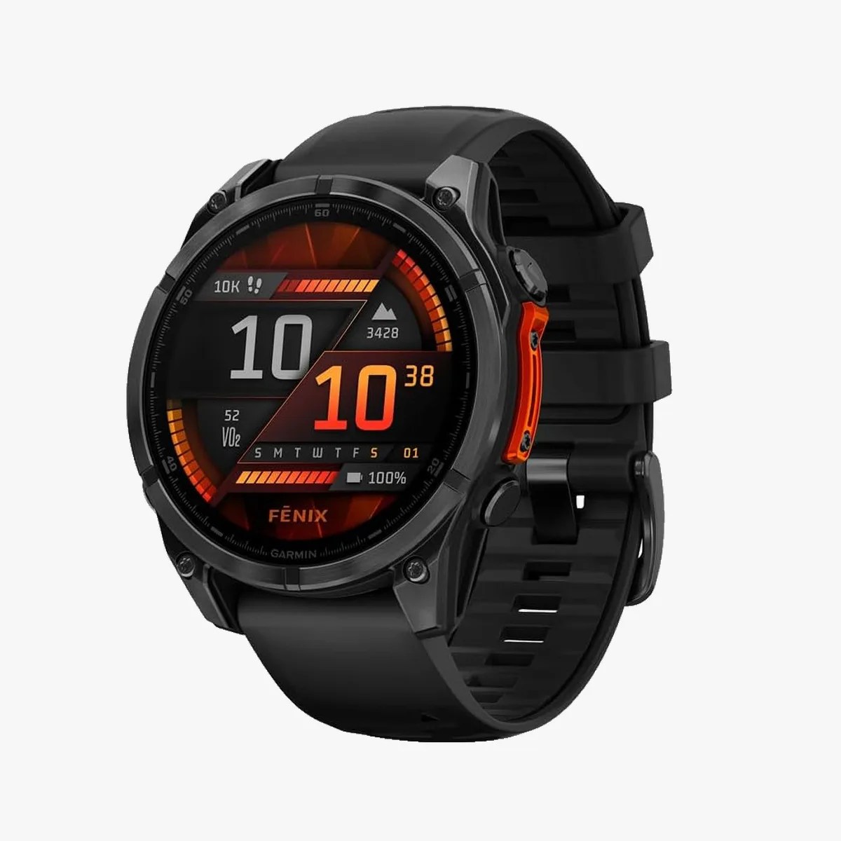Black Garmin Fenix smartwatch with round digital display and orange accent on side button.