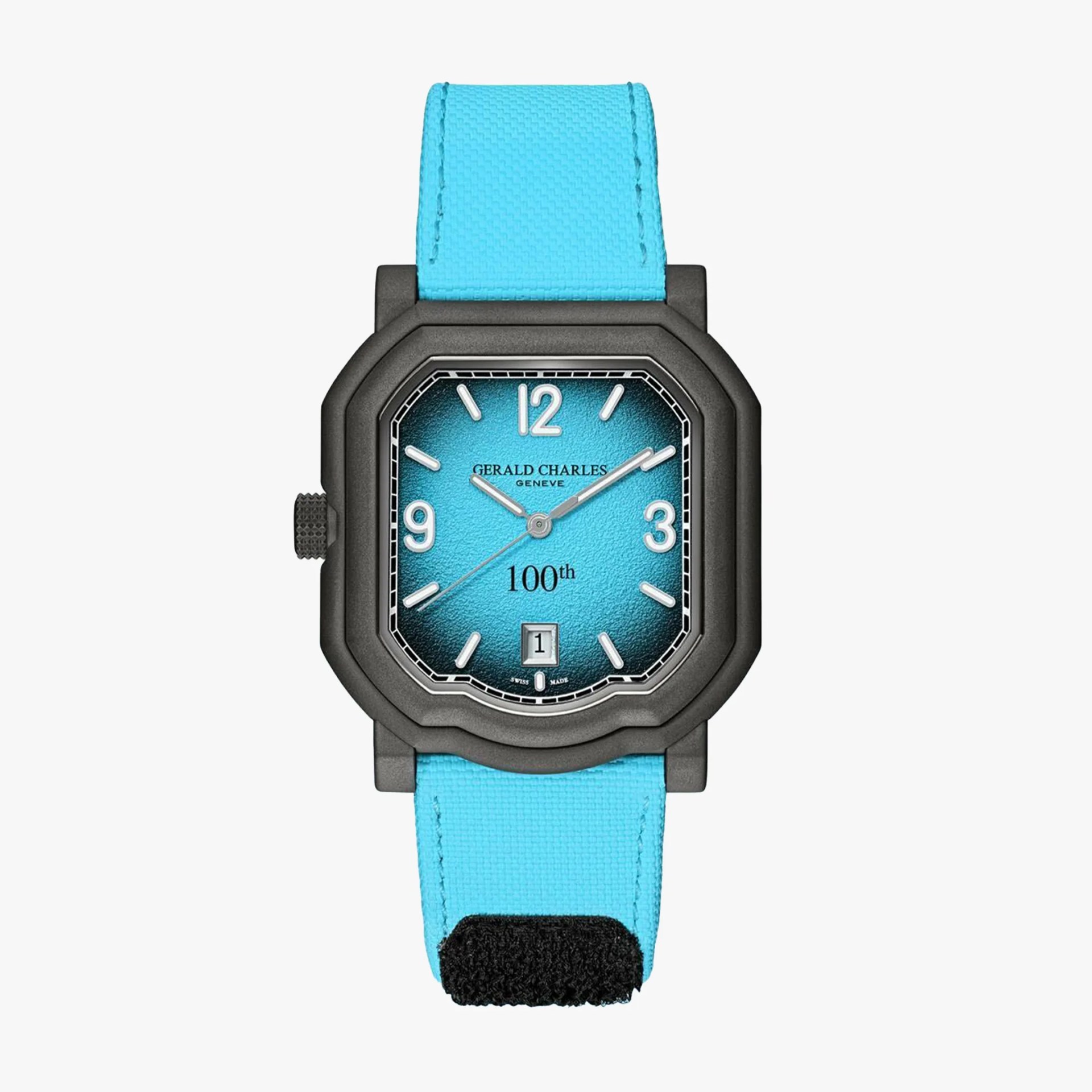 Square black watch case with gradient blue dial, white numerals, and bright blue fabric strap with black Velcro.