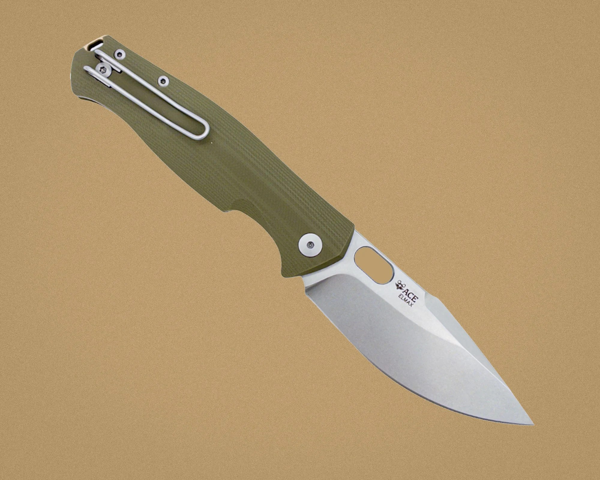 Folding knife with olive green textured handle and silver blade marked "ACE ELMAX" on a tan background.