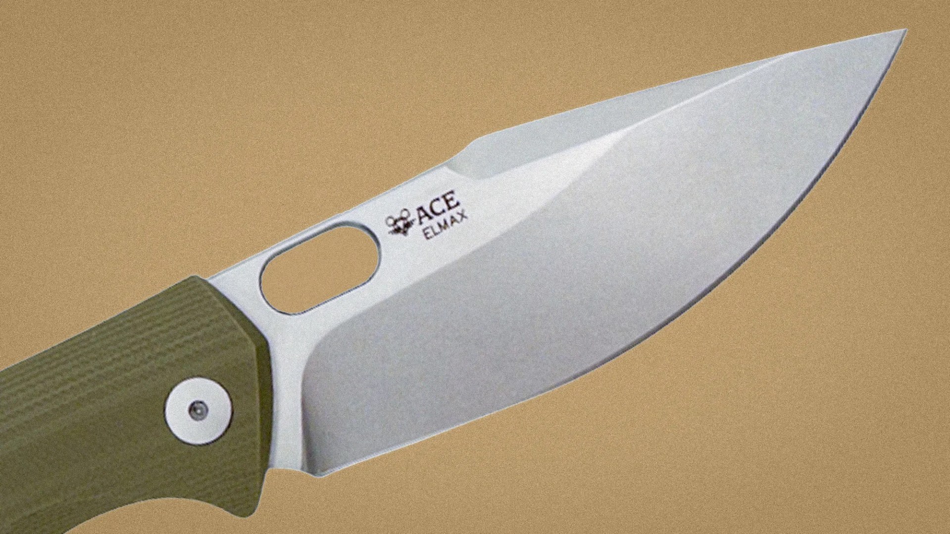 Close-up of a silver ACE ELMAX knife blade with an olive green textured handle.