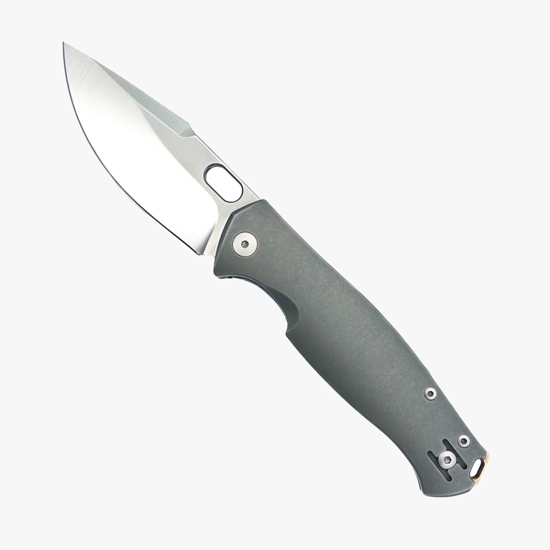 Folding knife with a silver blade and gray handle featuring a clip and screws.