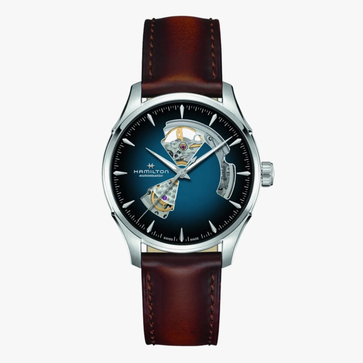 Silver Hamilton automatic wristwatch with blue dial, partial skeleton design, and brown leather strap.