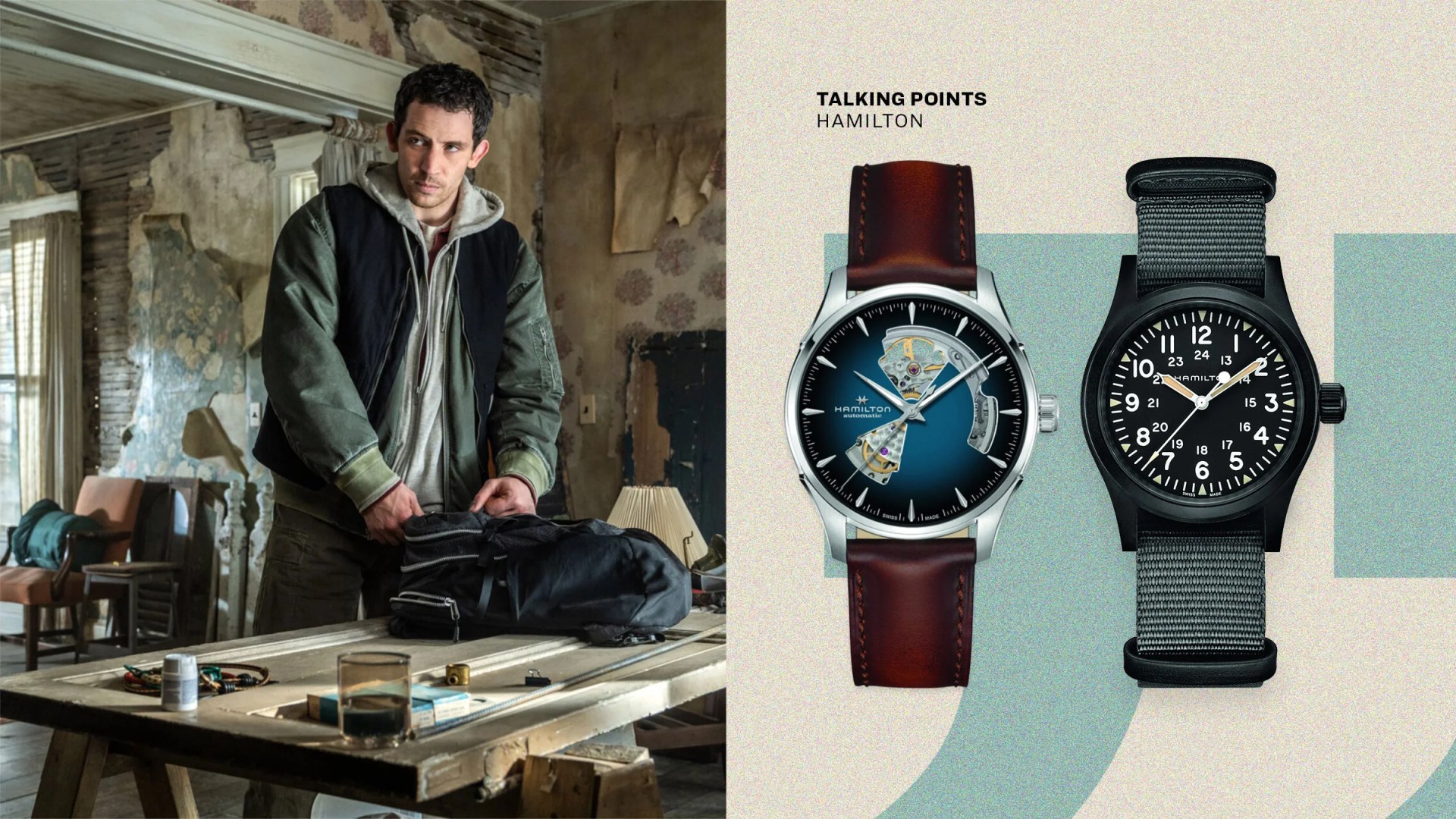 Man in layered jacket standing at a rustic table with a black backpack, next to an image of two Hamilton watches with leather and fabric straps.