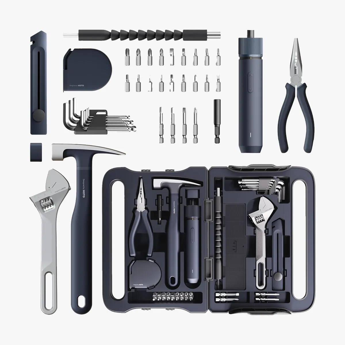Black and silver multi-tool kit with hammer, pliers, adjustable wrench, screwdriver bits, and hex keys in a carrying case.