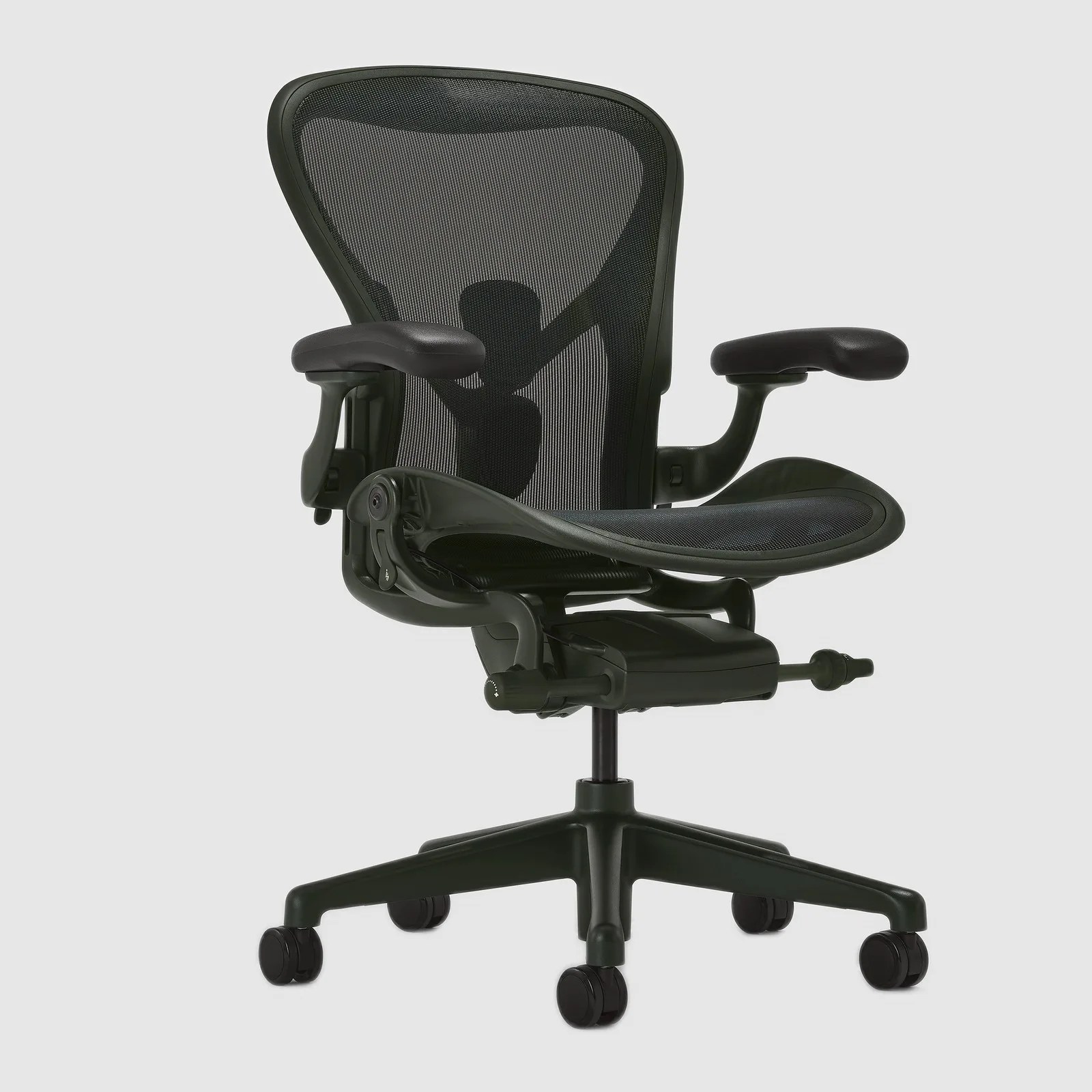 Ergonomic black mesh office chair with adjustable armrests and five caster wheels.