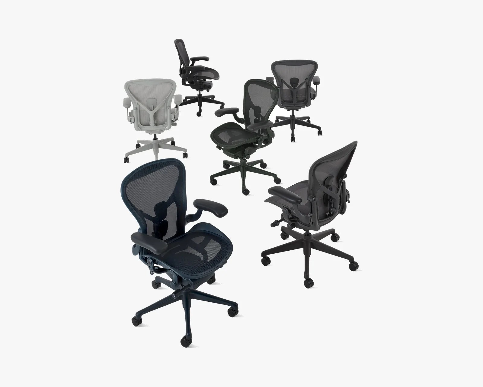 Five ergonomic office chairs with mesh backs and adjustable armrests in various dark and light colors on a white background.