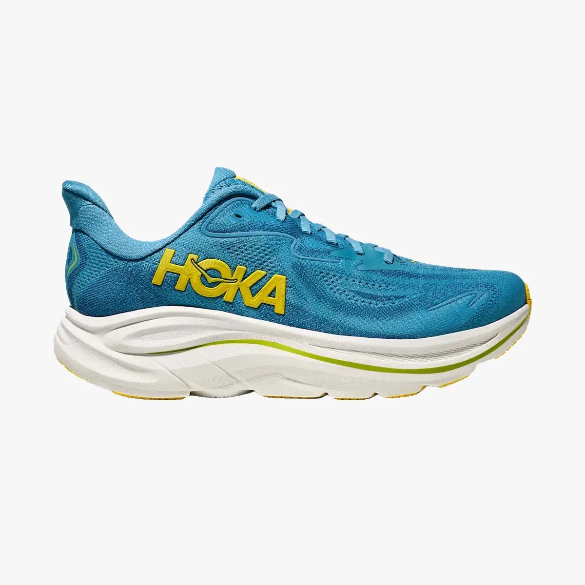 Blue Hoka running shoe with yellow logo and white cushioned sole.