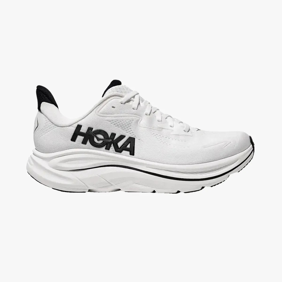 White Hoka running shoe with black logo and black accents on the heel and sole.