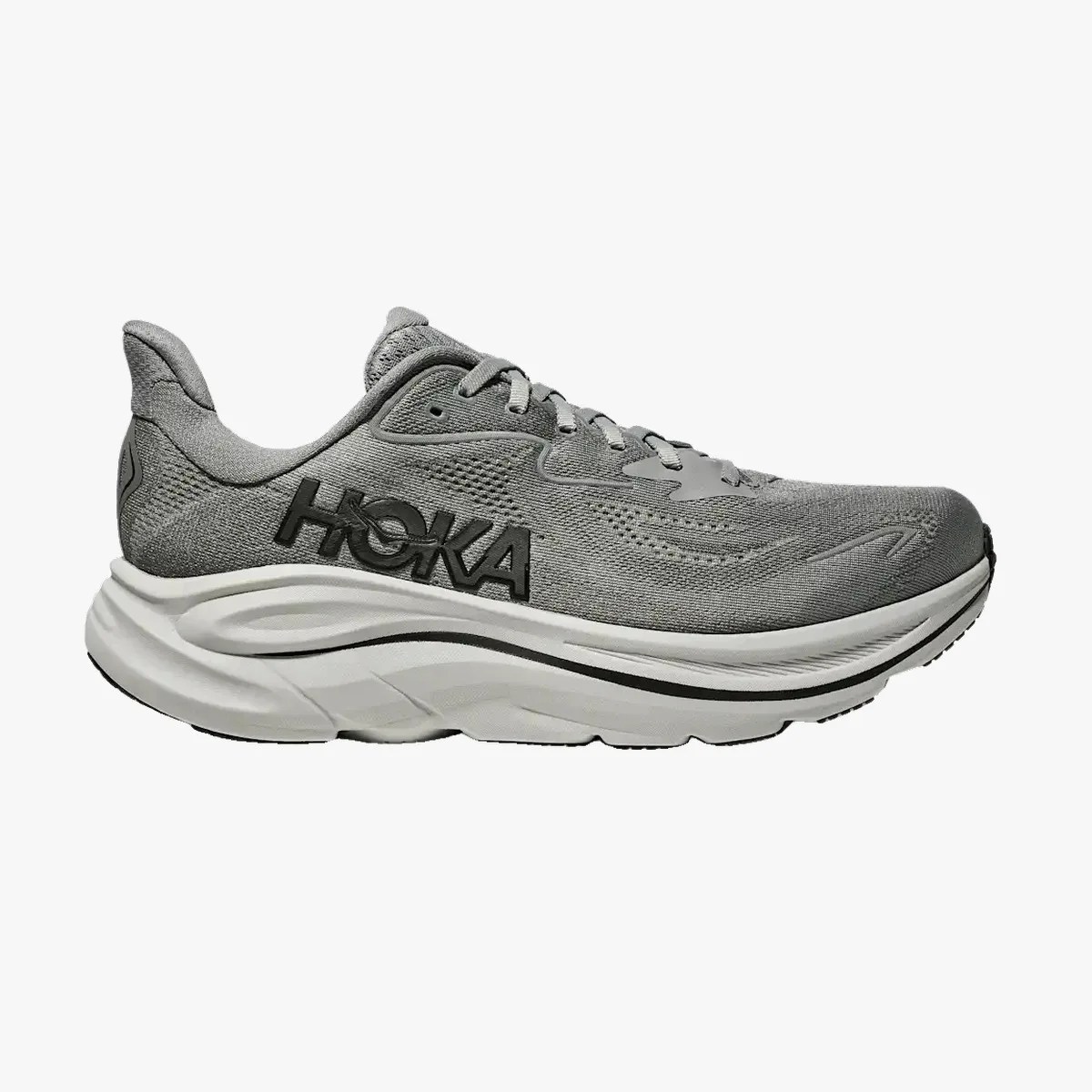 Gray Hoka running shoe with black logo and thick white sole shown from the side.