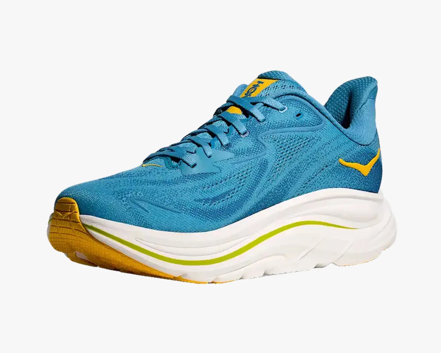 Blue mesh running shoe with yellow accents and thick white sole with green stripe.