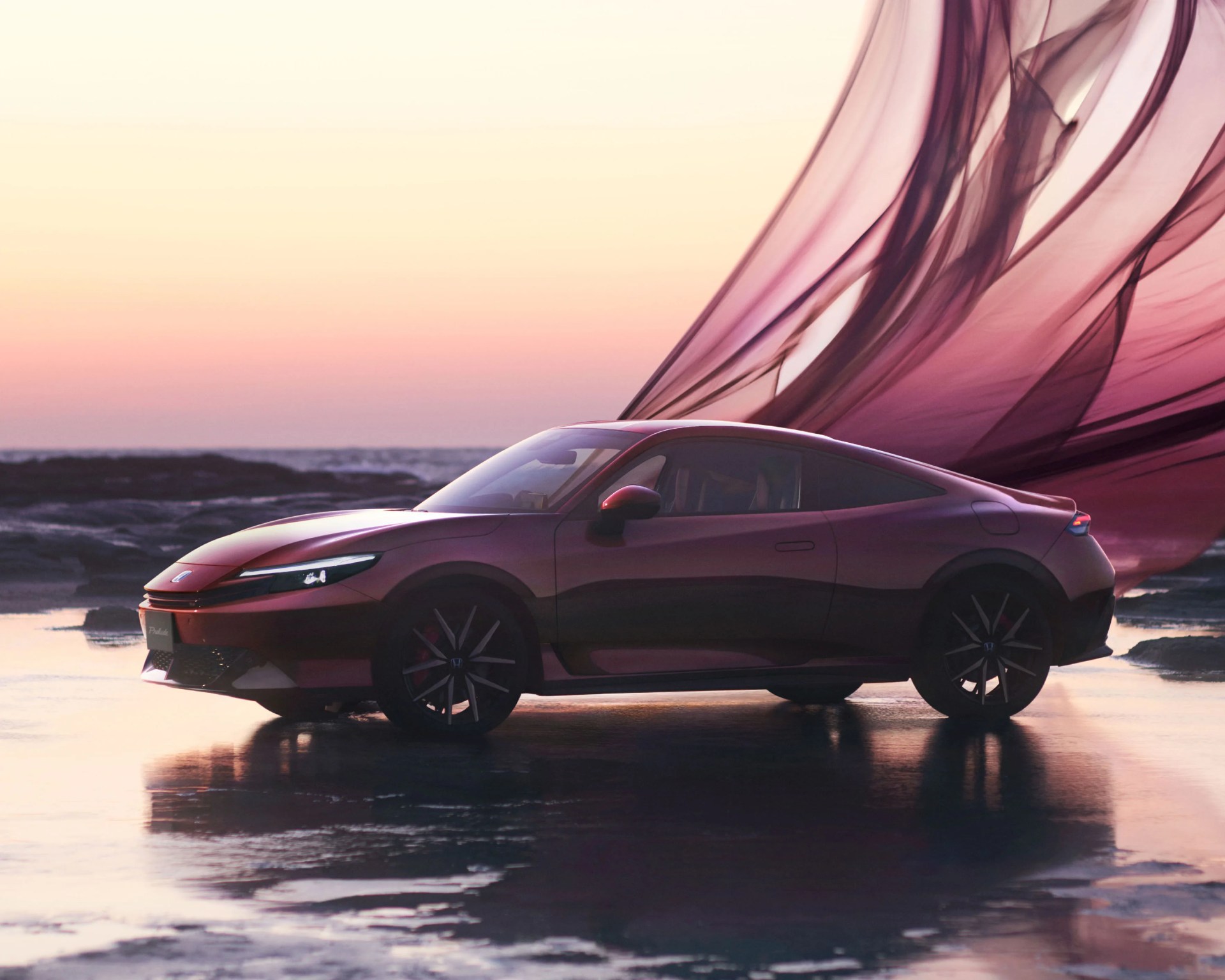 Sleek maroon sports car parked on reflective wet ground with flowing translucent purple fabric in the background.