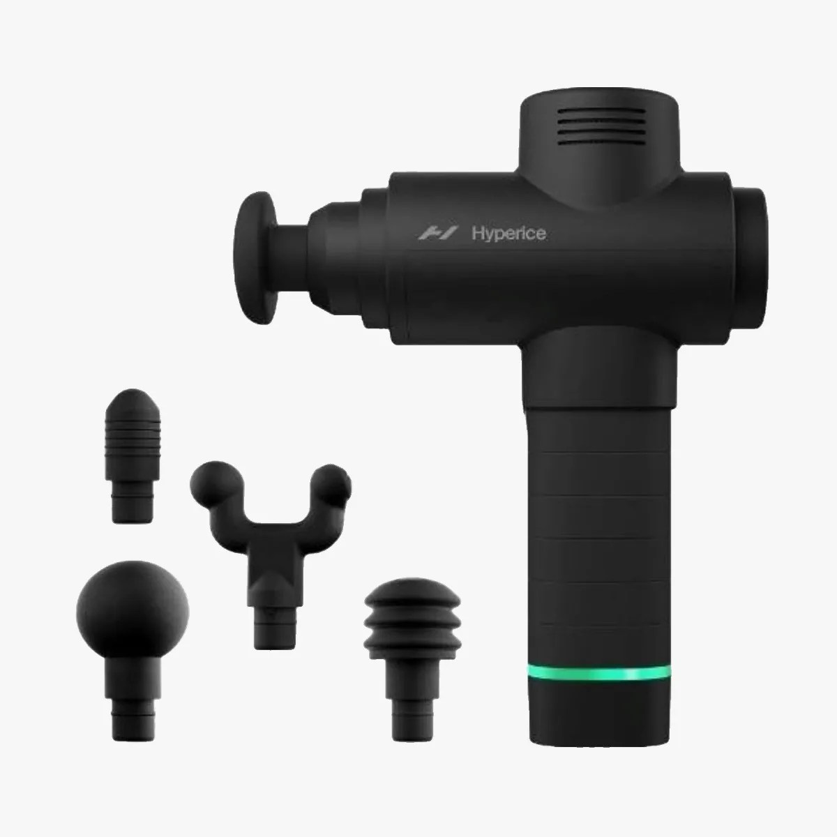 Black Hyperice massage gun with four interchangeable massage heads on a white background.