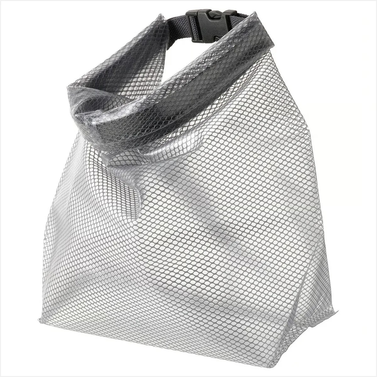 Transparent gray mesh bag with a black adjustable strap and plastic buckle closure.