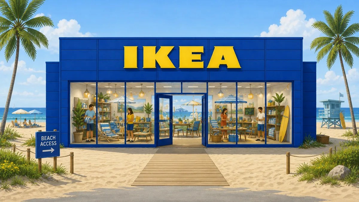 Blue IKEA store with large yellow logo on a sandy beach with palm trees and a wooden walkway.