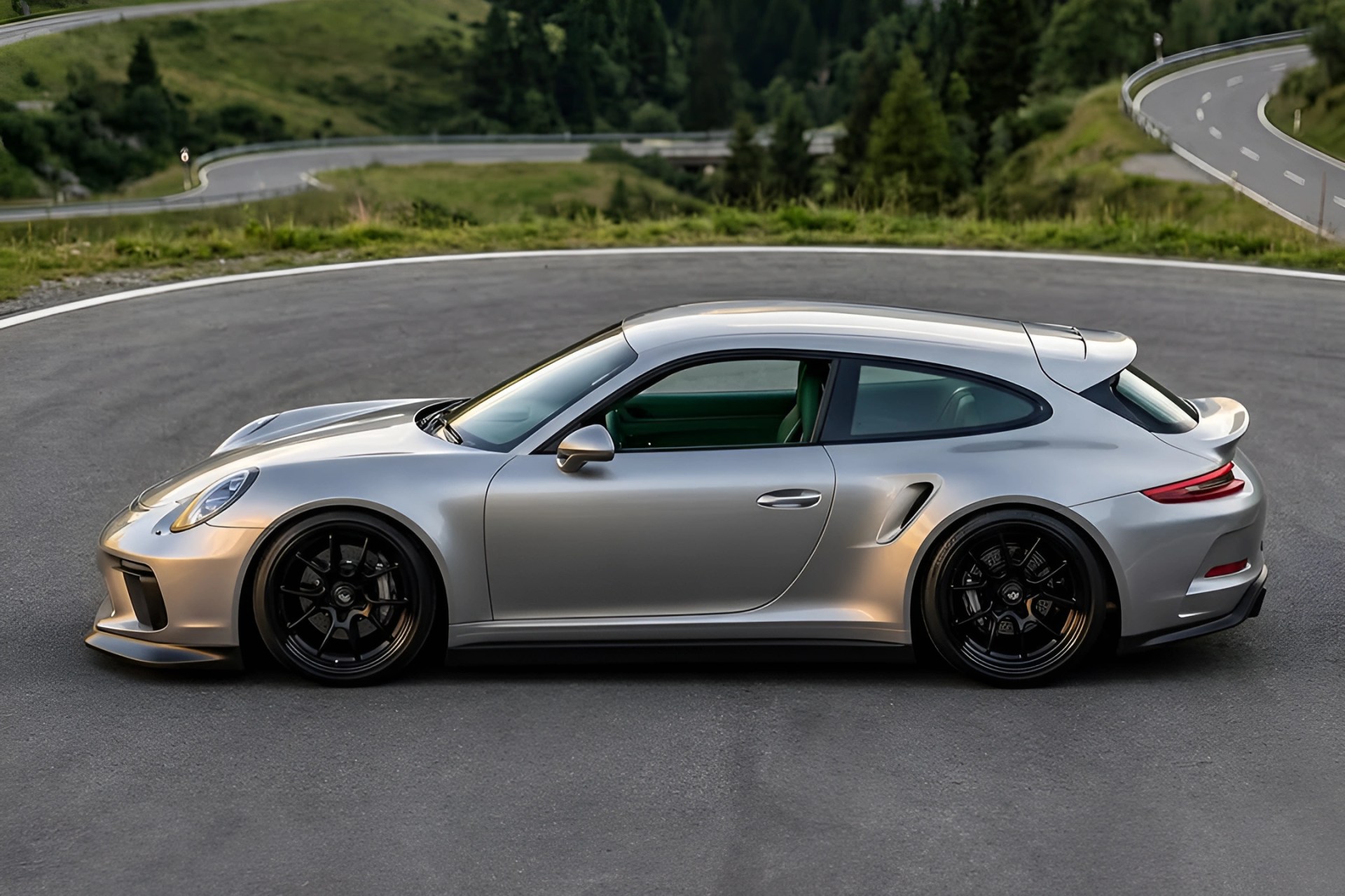 Silver sports car with black wheels parked on a curved asphalt road with green hills in the background.
