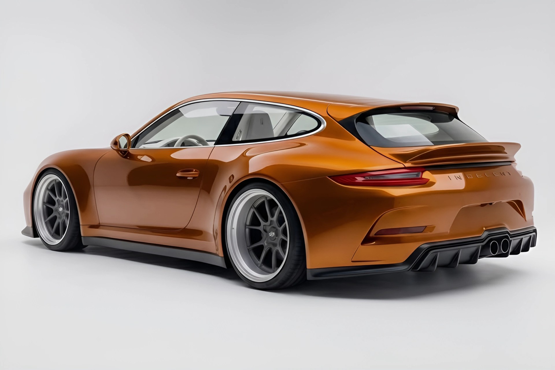 Glossy orange sports car with wide rear fenders, large dark gray wheels, and dual exhausts on a white background.