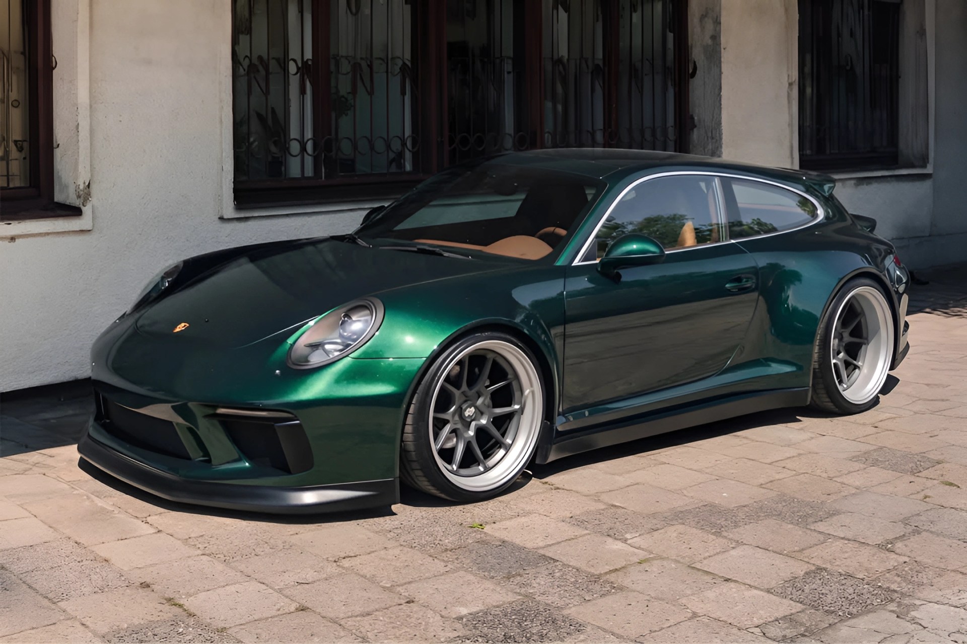 Dark green Porsche sports car with tan interior parked on a stone-paved driveway in front of a building.