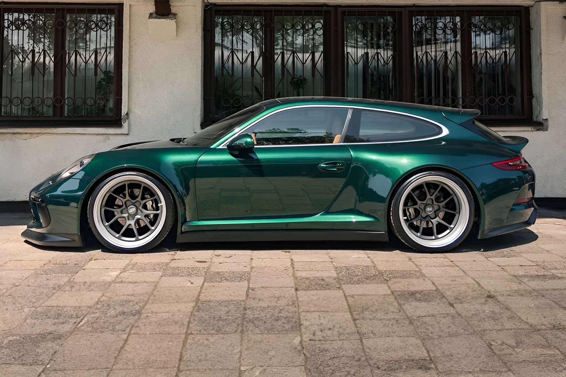 Metallic green Porsche 911 GT3 RS with black multi-spoke wheels parked in front of a building with barred windows.