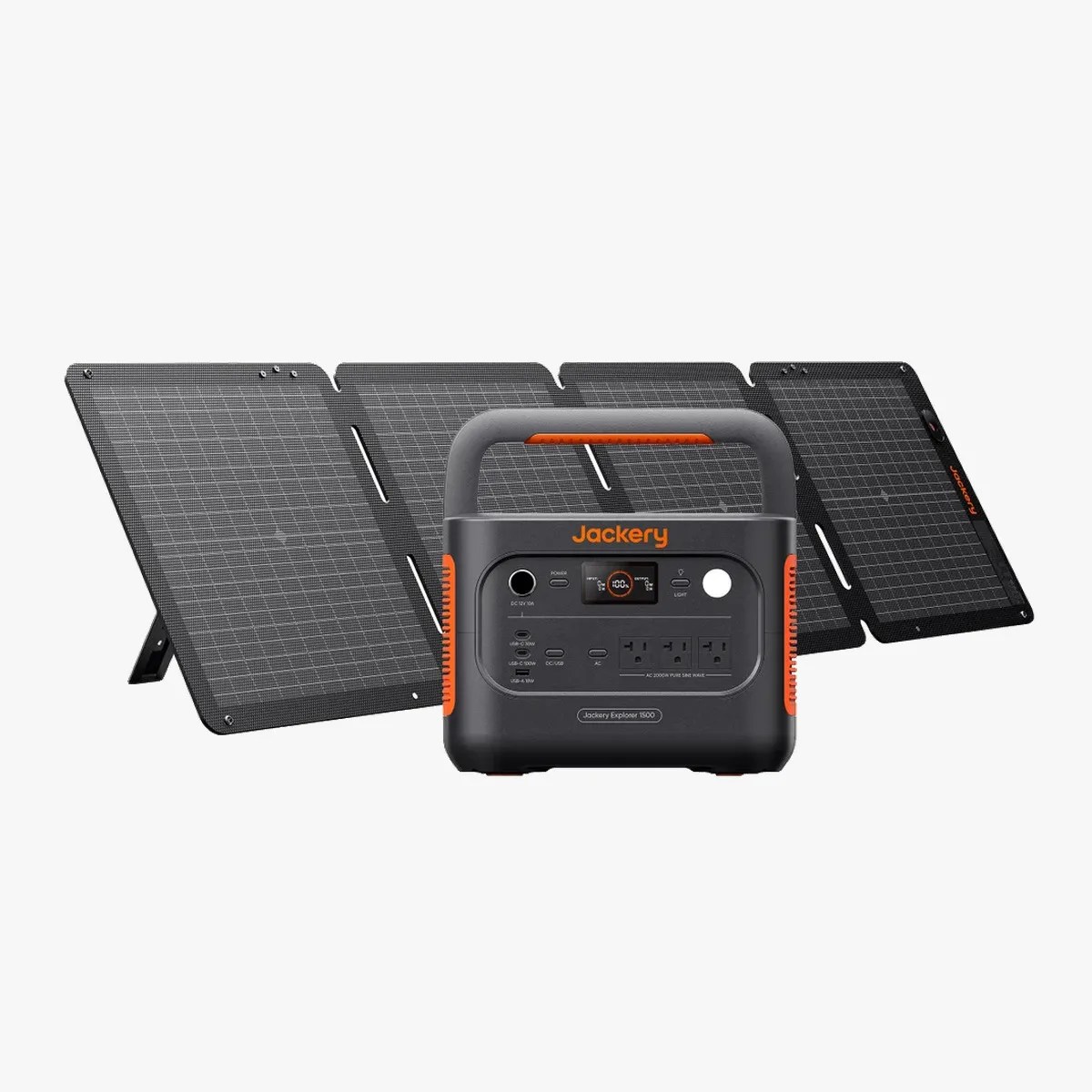 Portable black and orange Jackery Explorer 1500 power station with four foldable solar panels.