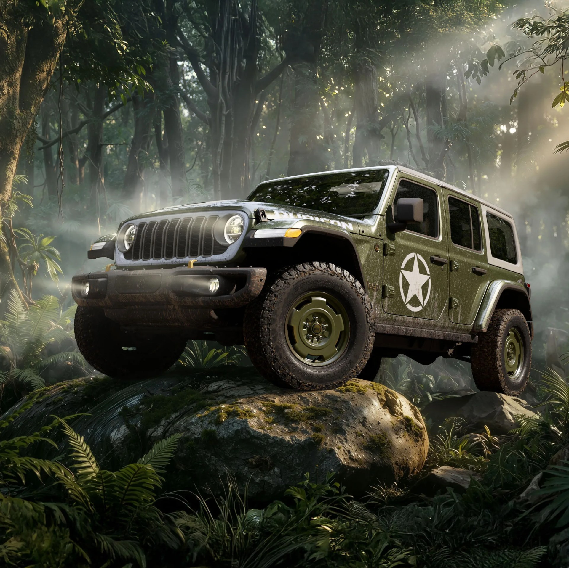 Green Jeep Rubicon with military star decal parked on mossy rock in dense forest with sunlight filtering through trees.