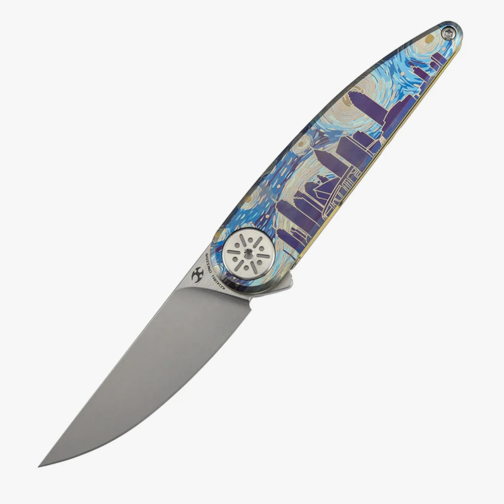 Folding knife with a silver blade and a handle featuring a blue and purple cityscape design.