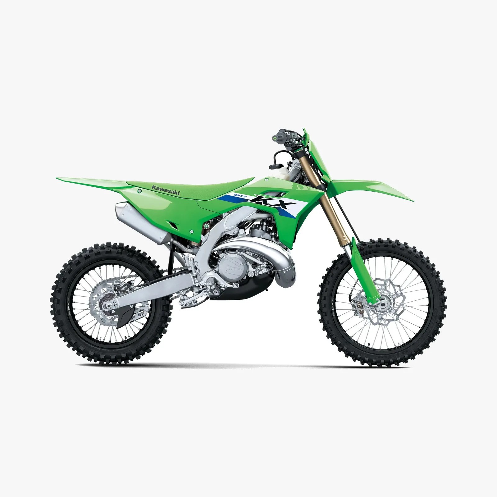 Green Kawasaki KX 250 dirt bike with knobby tires and gold front forks on a white background.