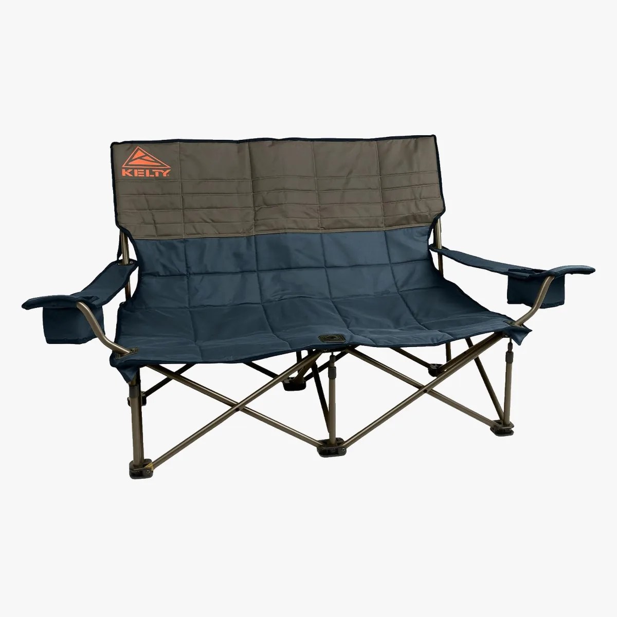 Two-seater folding camping chair with blue seat and brown backrest featuring Kelty logo.