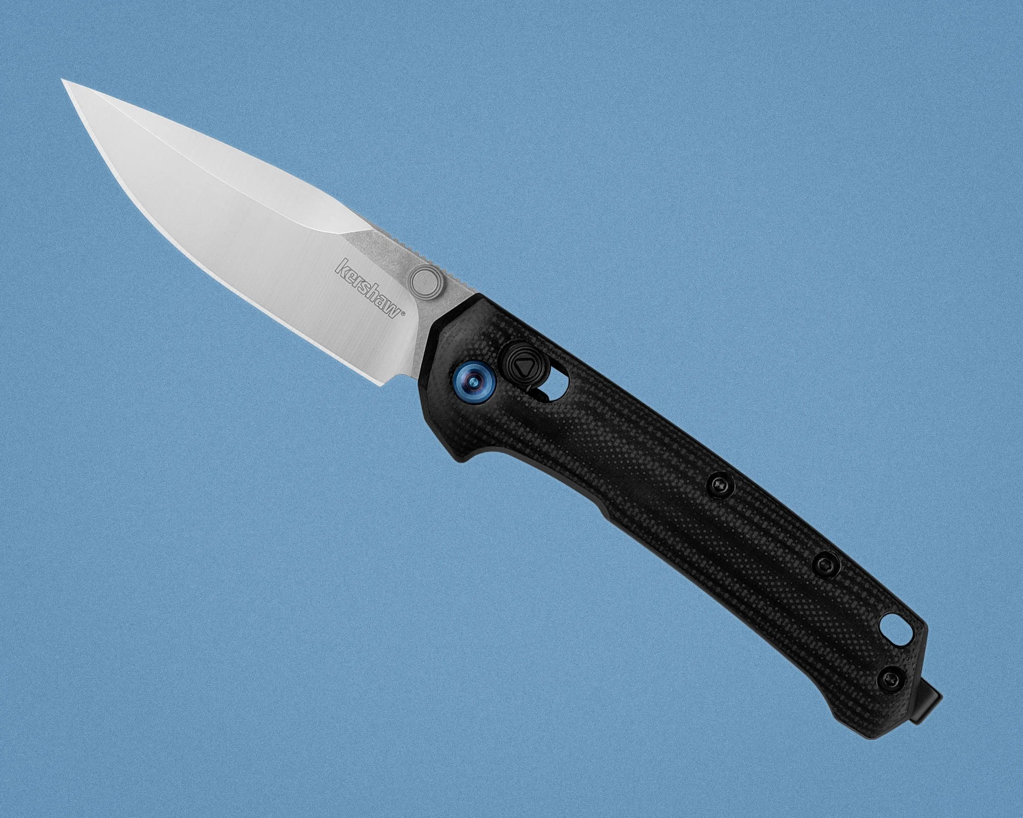 Folding knife with a silver blade engraved "kershaw" and a black textured handle with blue and black screws.
