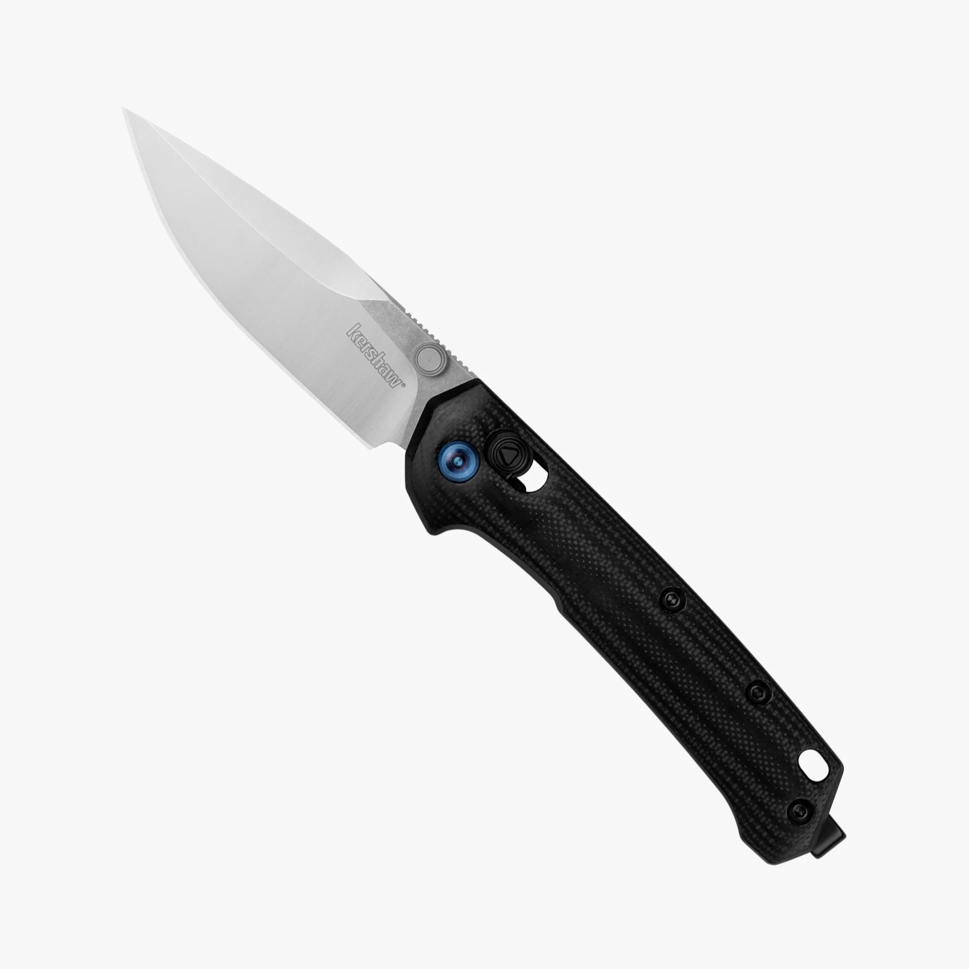 Partially open Kershaw folding knife with a silver blade and black textured handle.