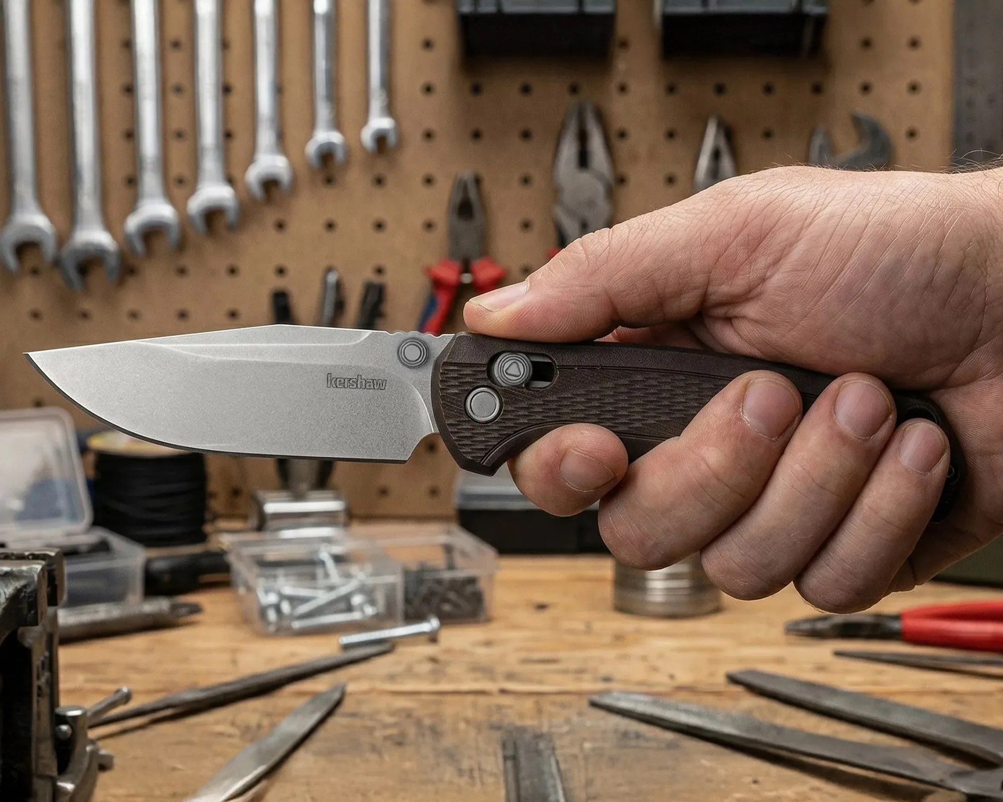 Hand holding a Kershaw folding knife with a stonewashed blade in a workshop setting.