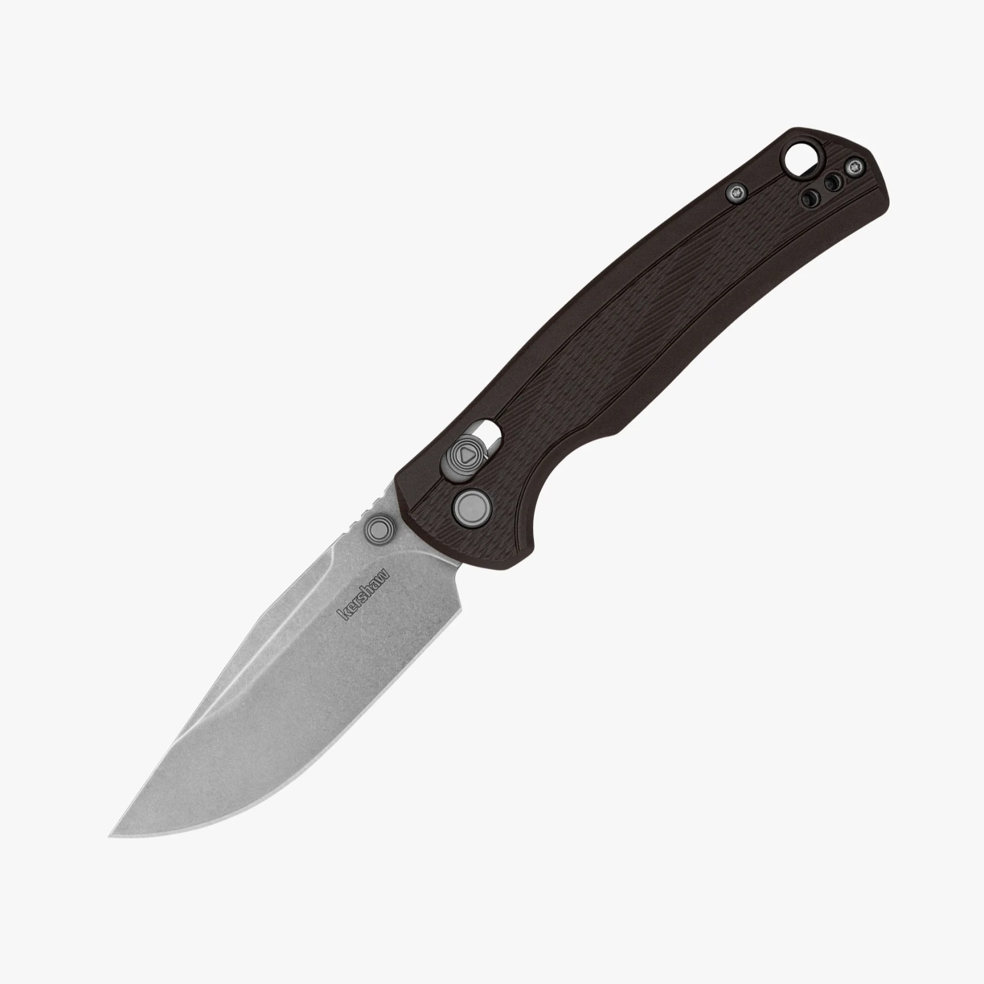 Partially visible folding knife with a stonewashed blade and dark textured handle.