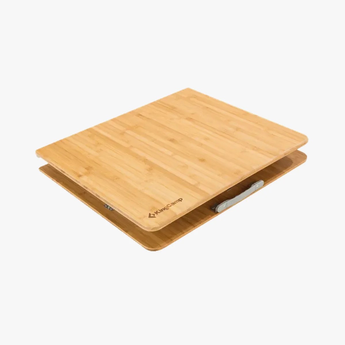 Folded bamboo laptop stand with a visible hinge and KineCamp logo.