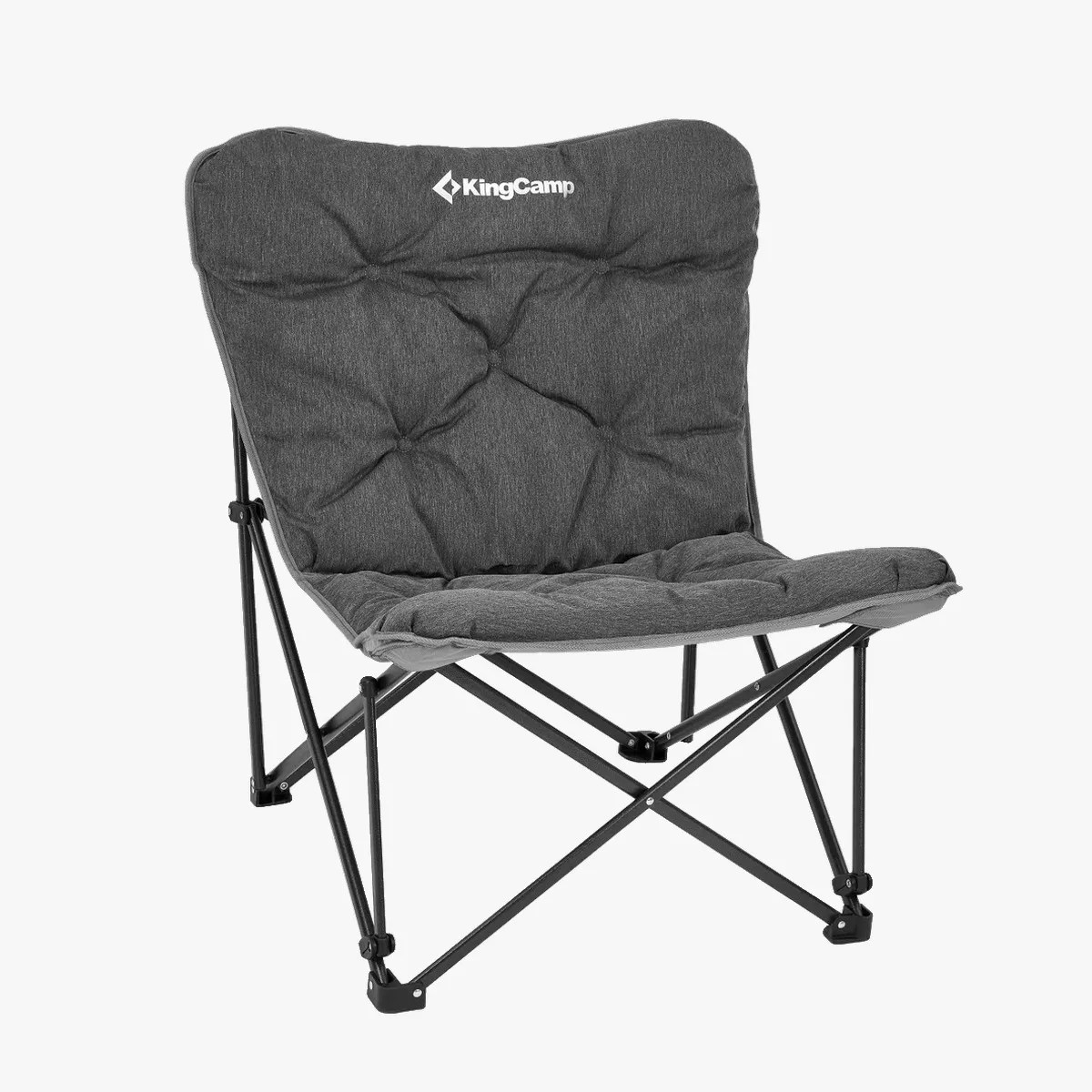 Dark gray padded KingCamp folding camping chair with black metal frame.