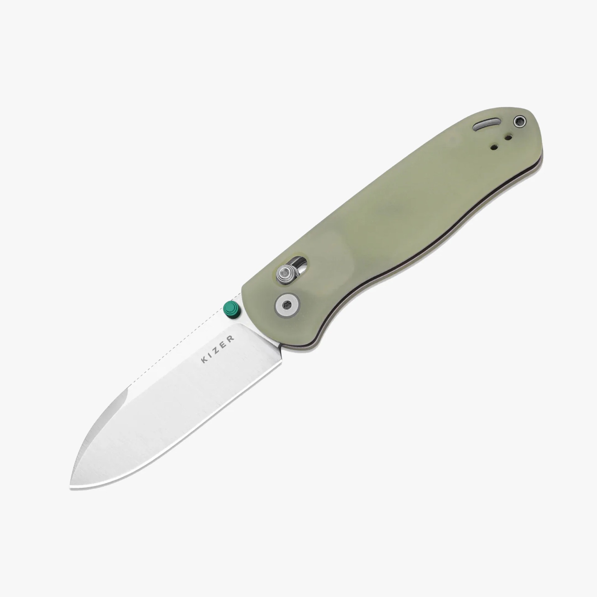 Folding knife with a stonewashed blade and olive green handle, featuring a thumb stud and locking mechanism.