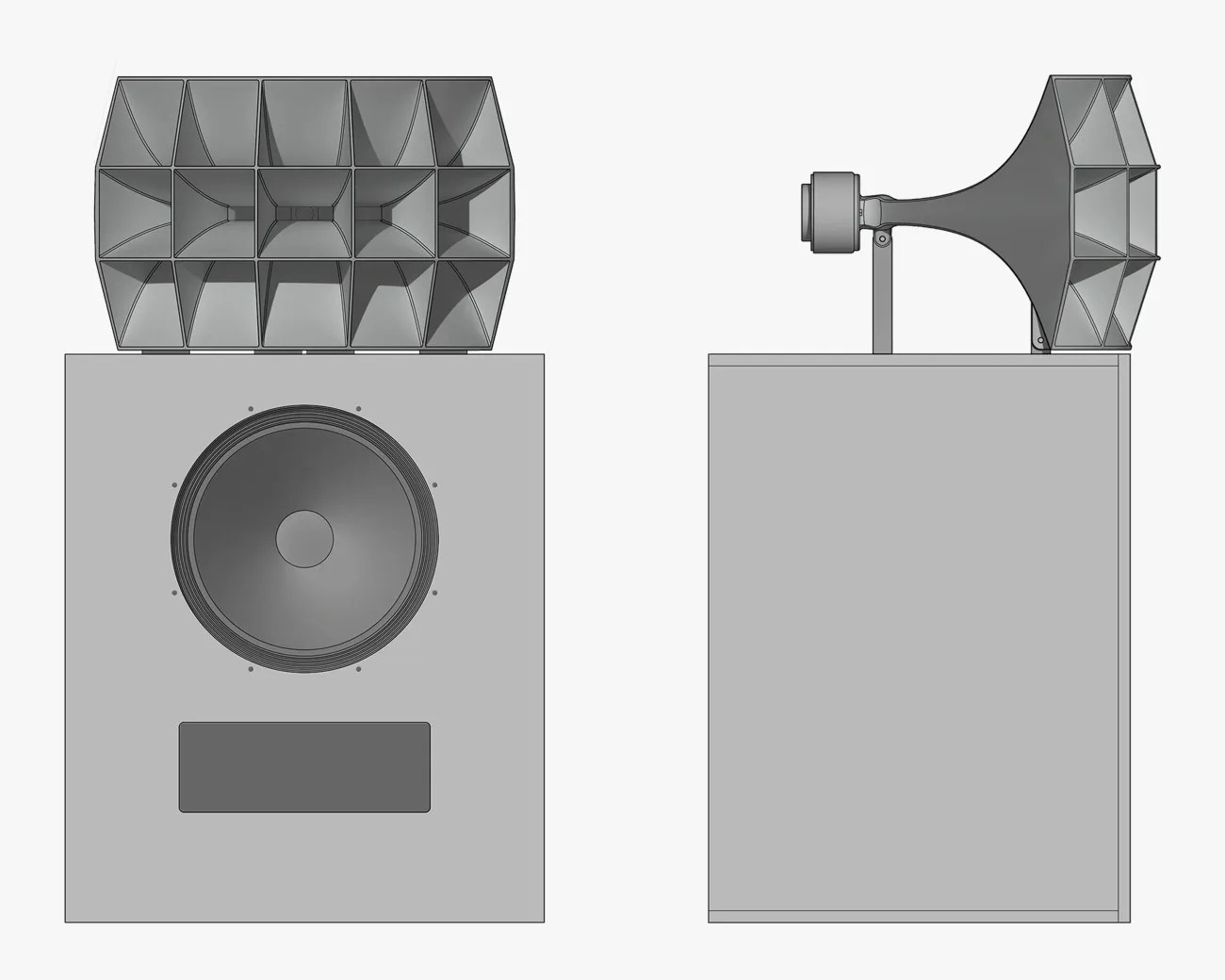 Gray speaker system with a large woofer and a multi-section horn tweeter shown from front and side views.