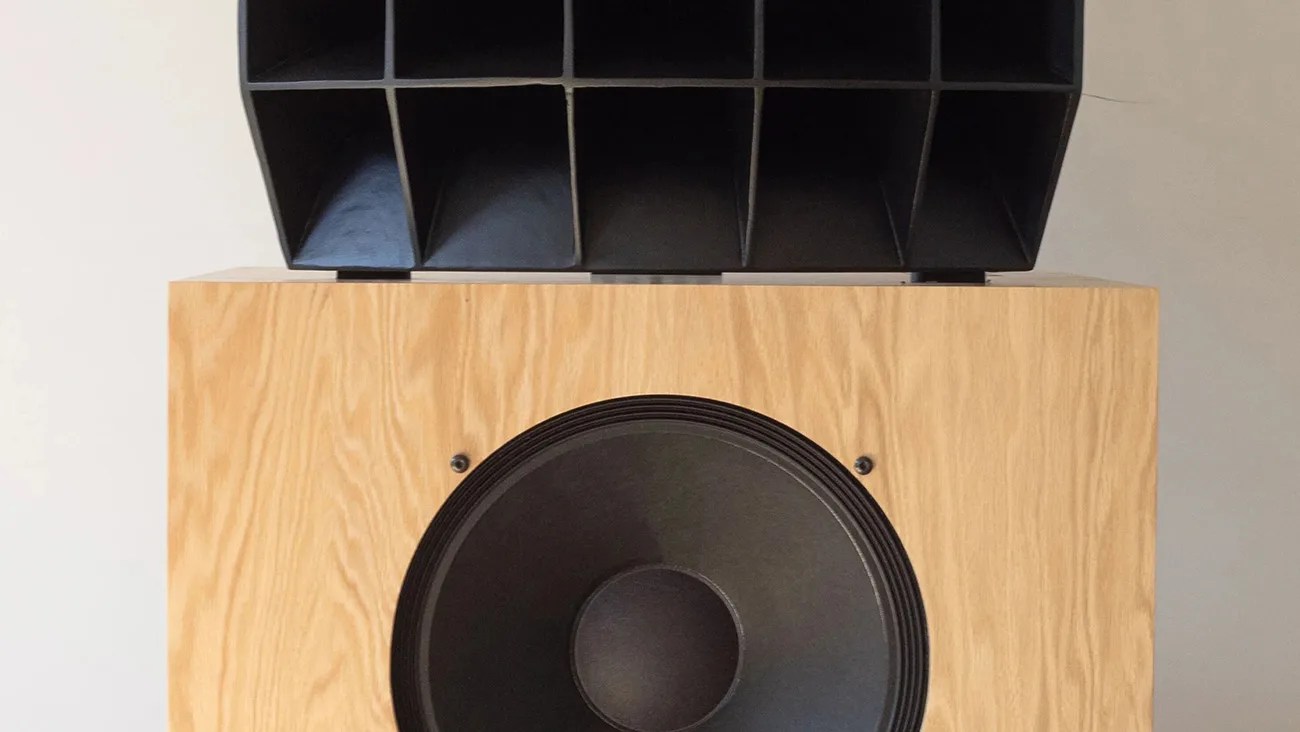 Large wooden speaker cabinet with a black circular speaker and a black horn-loaded tweeter on top.