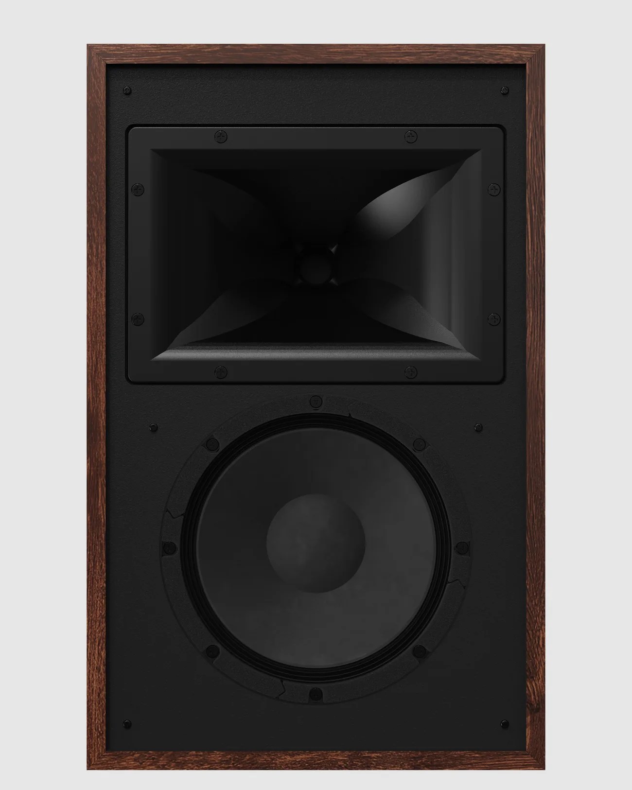Black speaker with a large woofer and horn tweeter in a dark wood frame.