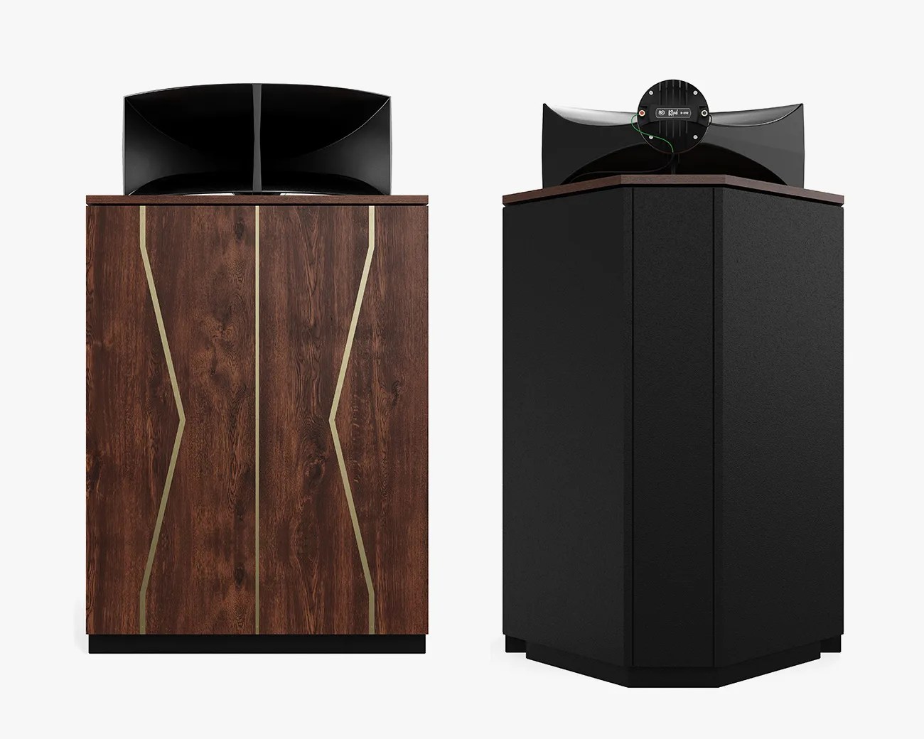 Pair of high-end speakers with dark wood front panels featuring gold geometric inlays and black textured sides, topped with black curved horns.