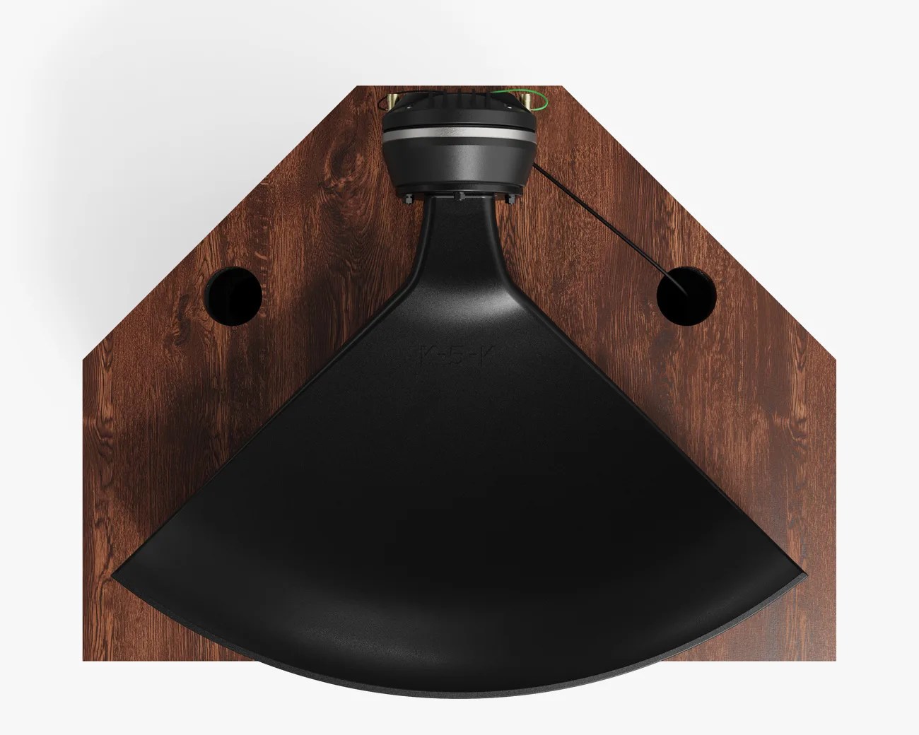 Black horn speaker driver mounted on a dark wood panel with two circular holes.
