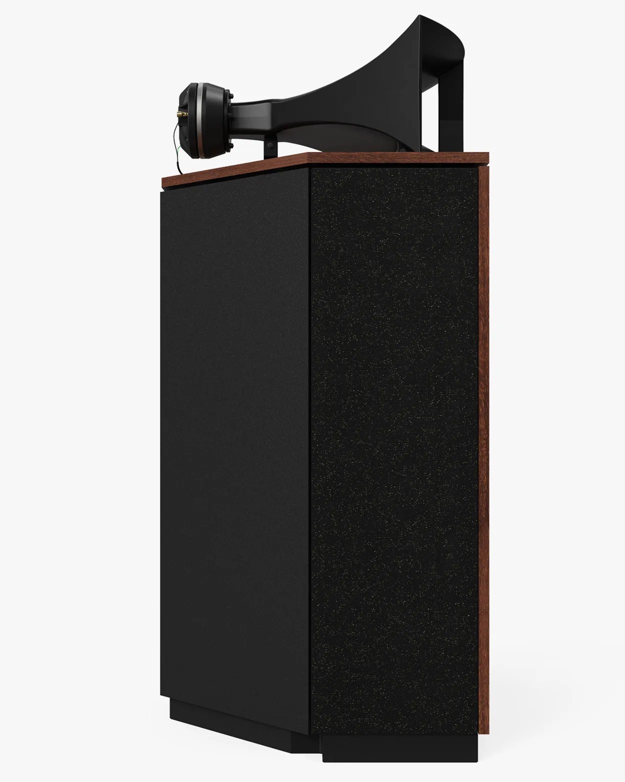 Tall black speaker with wood trim and a large black horn tweeter on top.