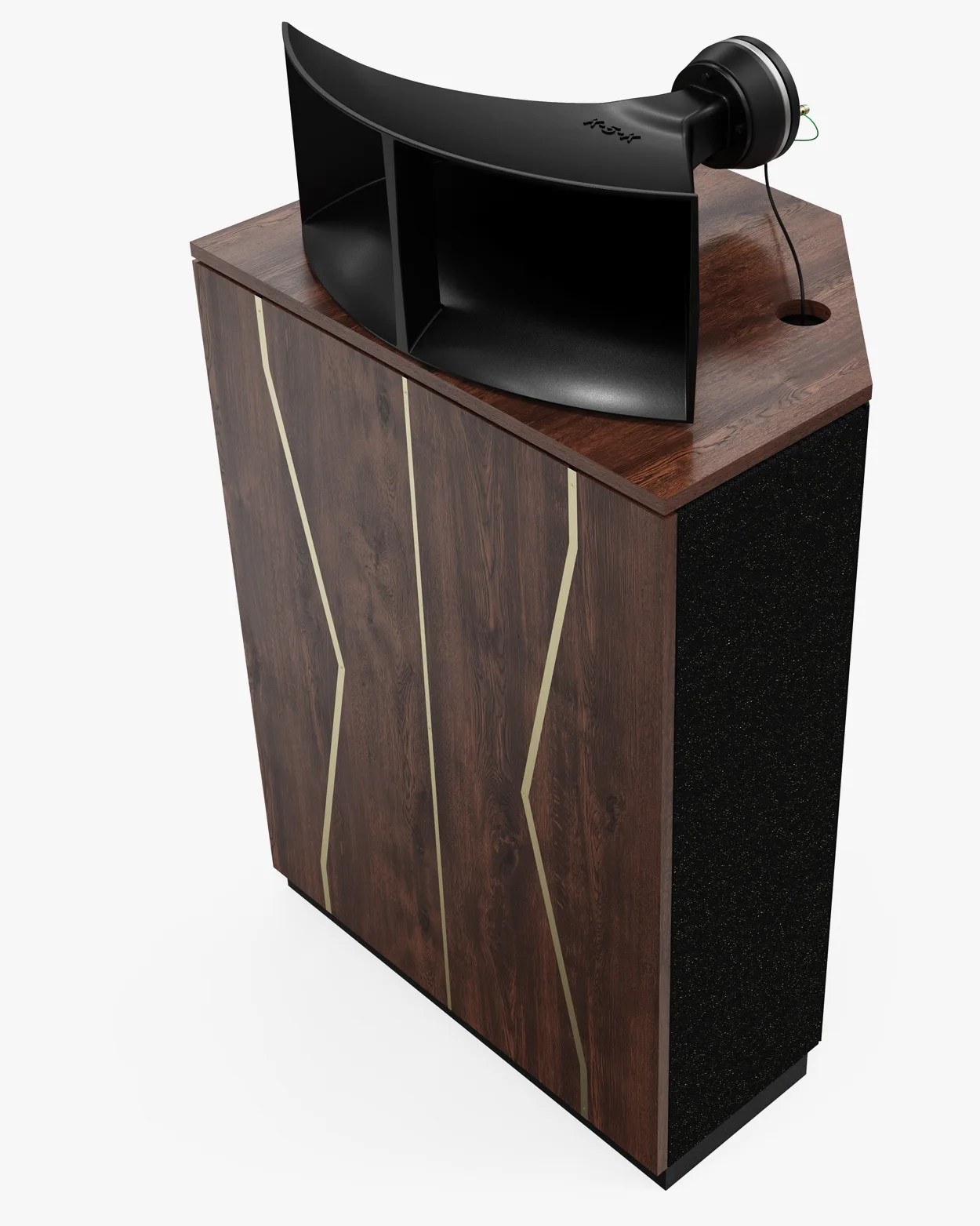 Tall wooden speaker cabinet with black horn speaker mounted on top and gold accent lines on the front panel.
