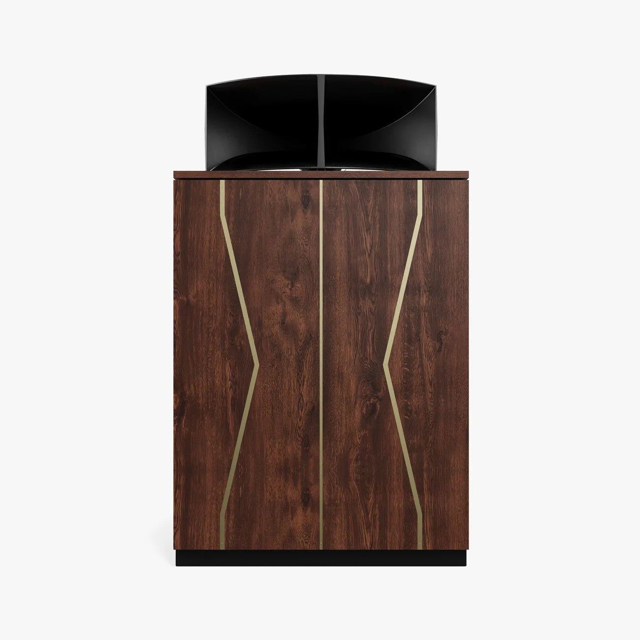 Dark wood speaker cabinet with gold geometric inlays and a black curved horn speaker on top.